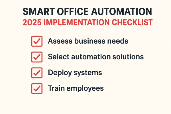 Checklist for implementing Onebee smart office automation in 2025, detailing essential steps for a successful rollout.