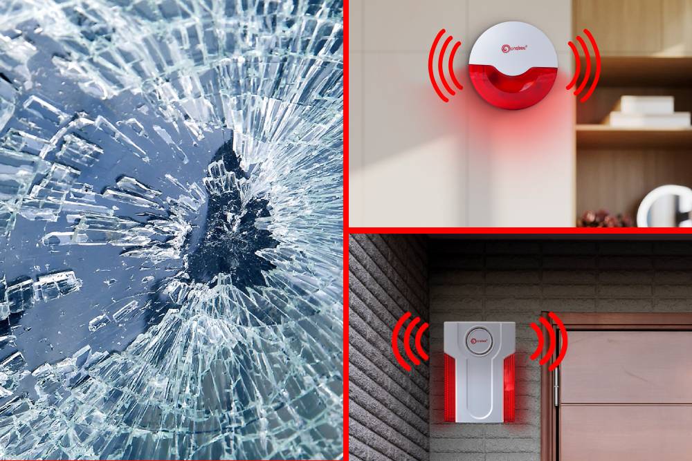 Glass break sensor triggers connected alarms upon glass breakage.